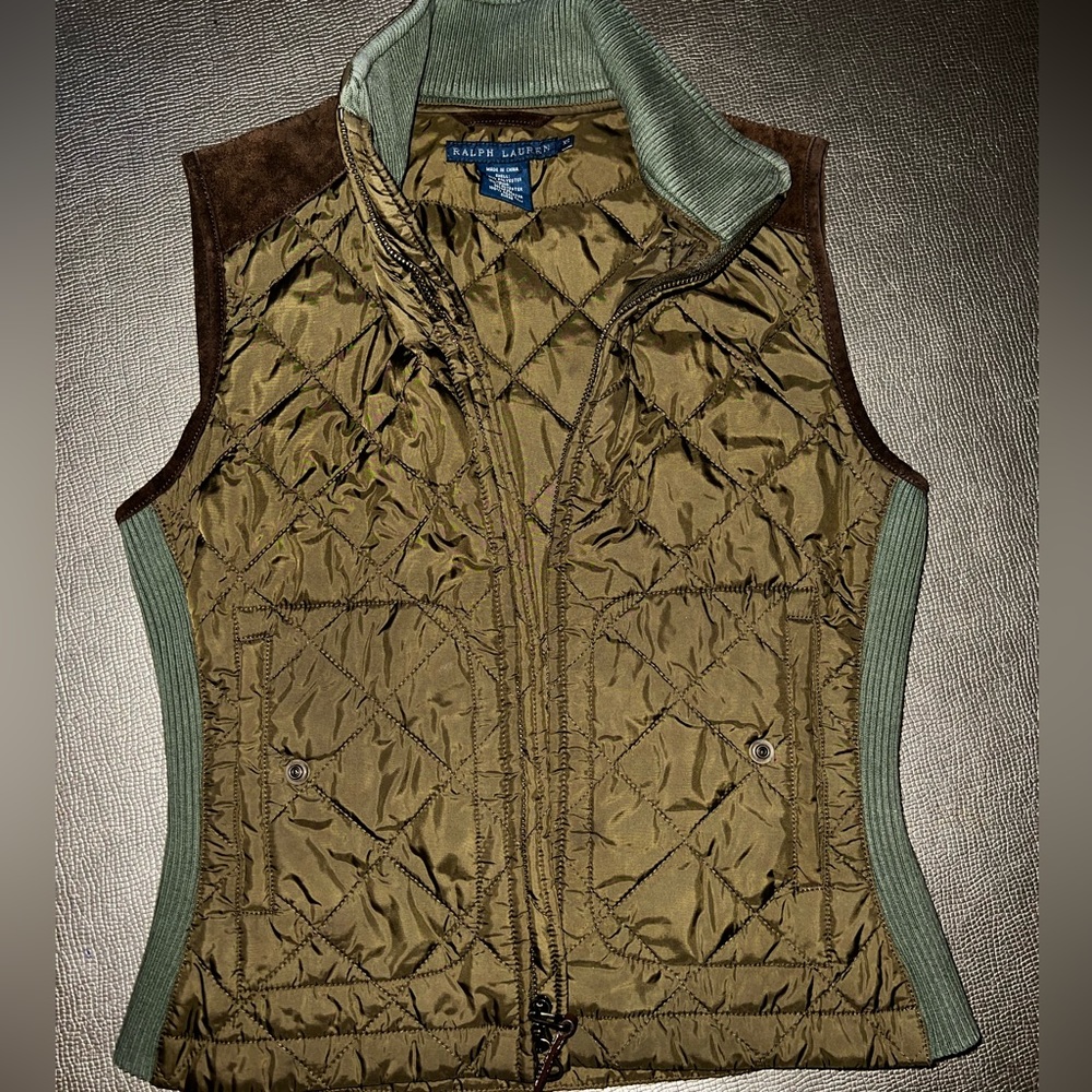 Ralph Lauren women’s Green Brown Quilted Vest Jacket Leather Hunting XS